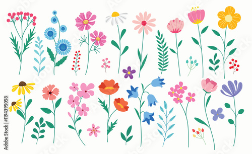 Flower spring drawing clipart set. Spring flowers colorful clip art like daisy, tulip, jonquil, narcissus, daffodil, chamomile, bluebell and crocus flat flora elements. Vector illustration floral 
