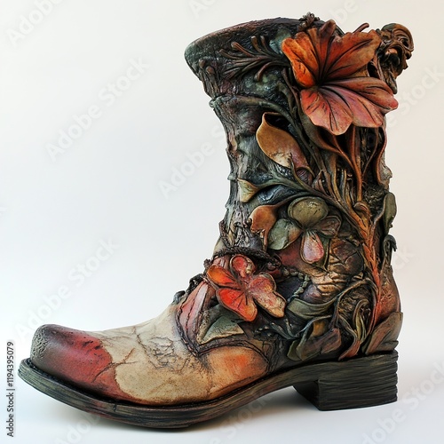 Handcrafted Leather Boot with Intricate Floral Design photo