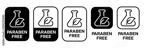 Paraben Free with a leaf drop label, logo, badge, icon, sticker, symbol, emblem, stamp, green, line, flat vector, isolated illustration. Paraben Free label for product packaging design.