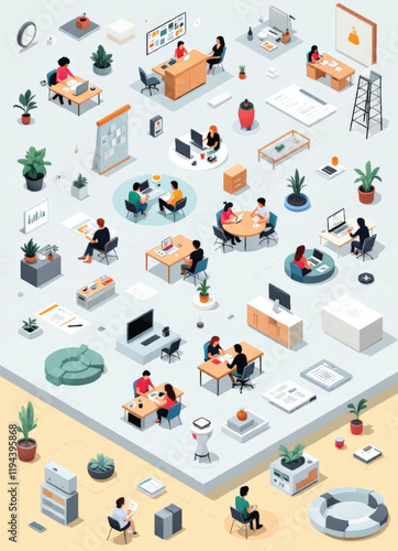 isometric set vector design of co working spaces with digital tools and meeting set up arranged on grey and yellow background