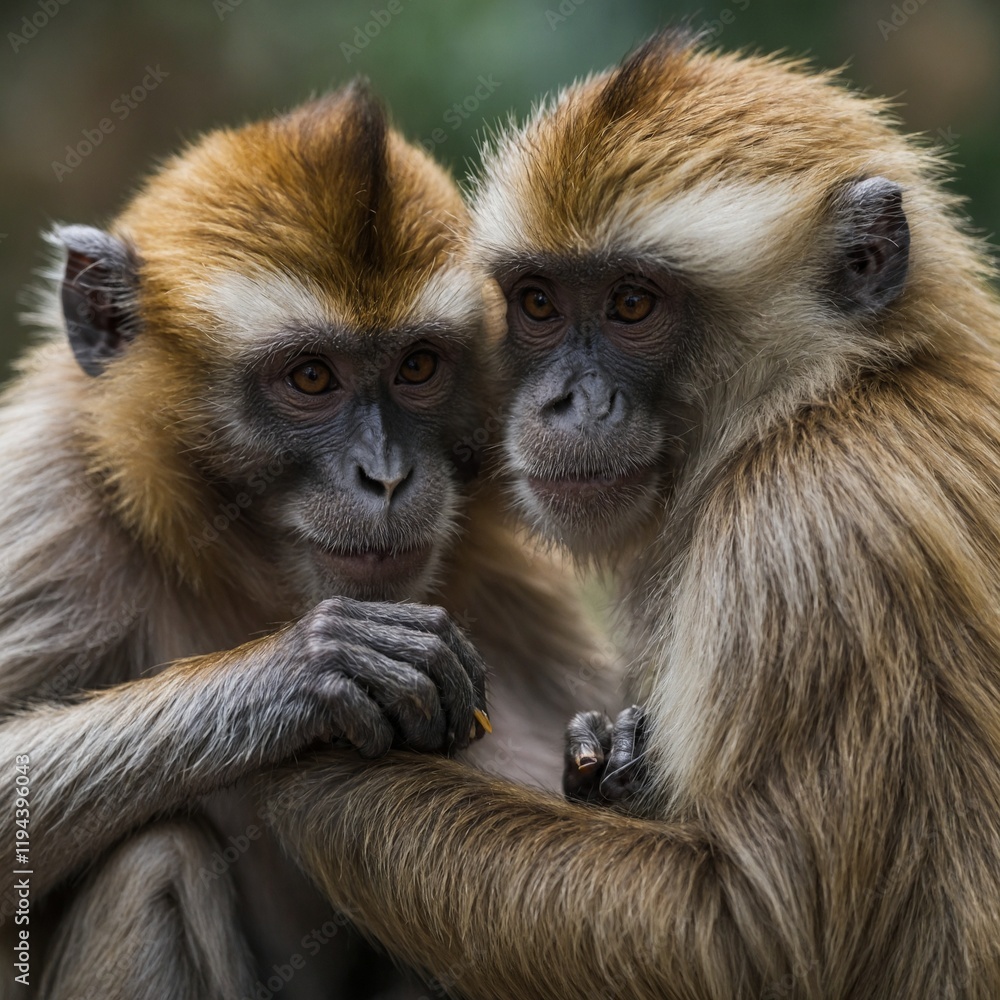 Obraz premium Focus on a monkey grooming another monkey.