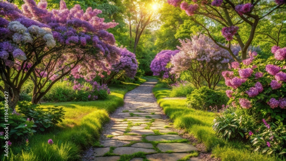 Serene Garden Path Amidst Blossoming Lilac Trees in Sunset Light Serene Garden Path Amidst Blossoming Lilac Trees in Sunset Light