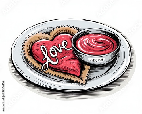 Heart Shaped Pastry and Passion Sauce on Plate photo