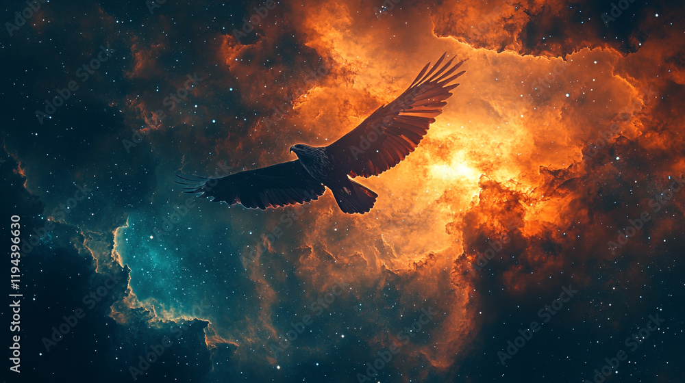 Fototapeta premium Majestic bird soaring through colorful cosmic clouds at dusk