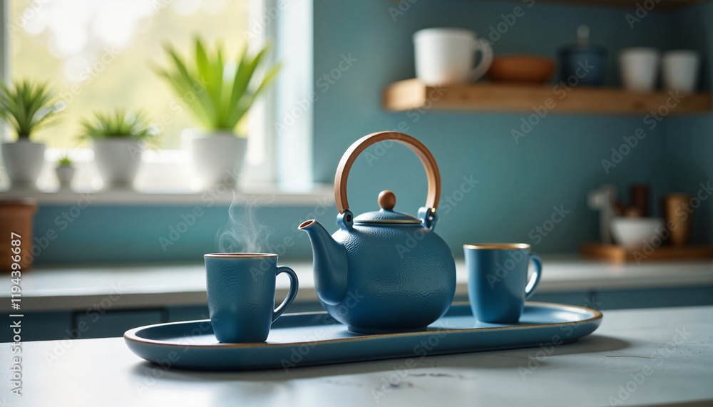 Fototapeta premium Deep blue tea set with steaming cups in bright kitchen, serene refreshment