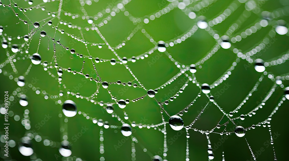 Naklejka premium Close-up of Dew-Covered Spiderweb Against Lush Green Background