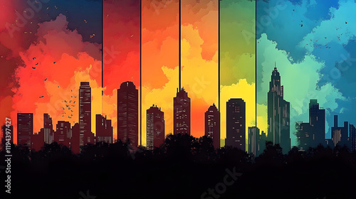 Fototapeta Naklejka Na Ścianę i Meble -  Colorful comic scene background with city silhouette