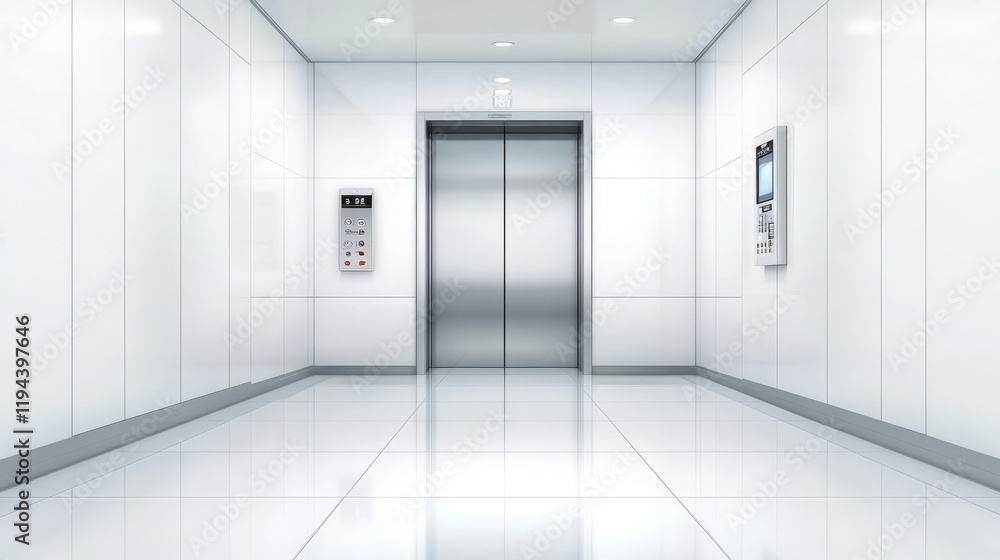Fototapeta premium Metal elevator doors in hallway perspective view. Vector realistic empty modern office or hotel lobby interior with lift, metal panel with buttons and floor display on wall