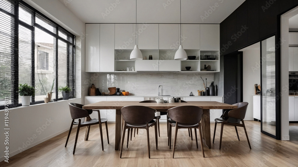 Elegant and modern minimalist kitchen with dining table chairs open plan dining room design inspiration interior design Elegant and modern minimalist kitchen with dining table chairs open plan dining room design inspiration interior design