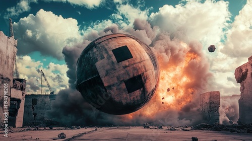 Apocalyptic Sphere Impact: A Dystopian Scene of Destruction photo