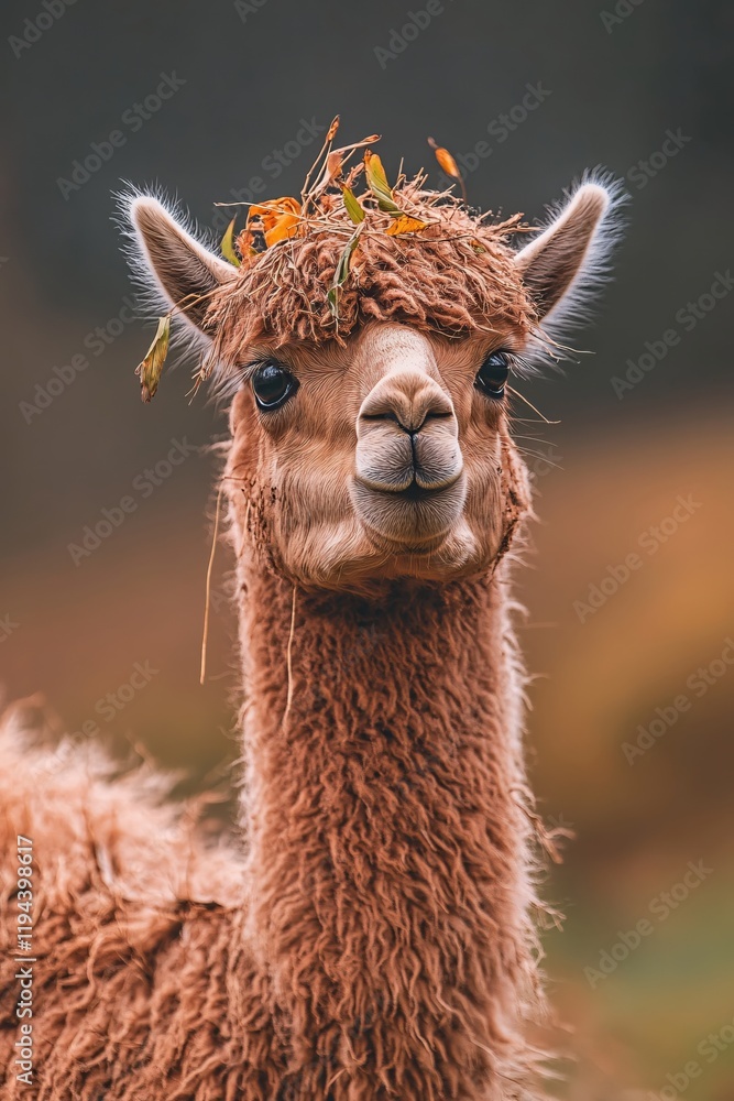 Fototapeta premium Adorable Alpaca Portrait Autumn Leaves Fluffy Fur Gentle Expression
