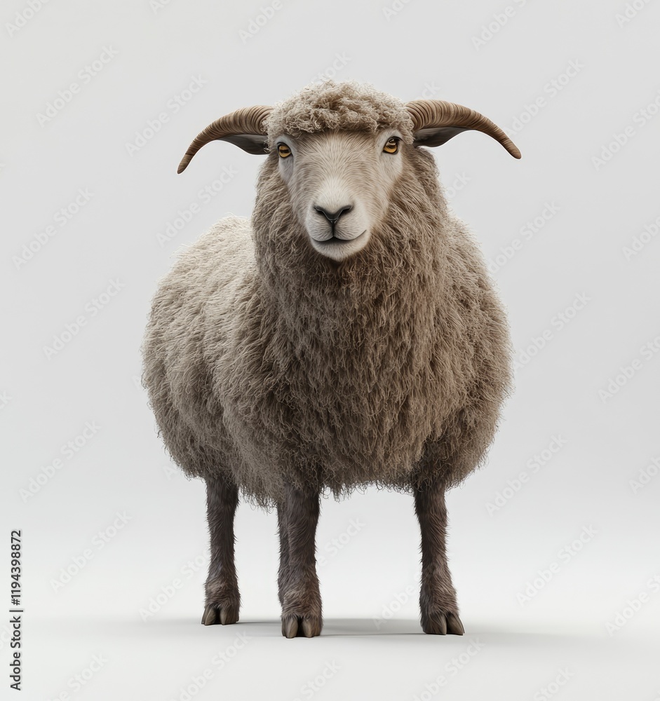 Fototapeta premium A sheep standing on the ground, front view, white background, real photo style, full body shot, 3D rendering, high definition resolution, natural lighting,