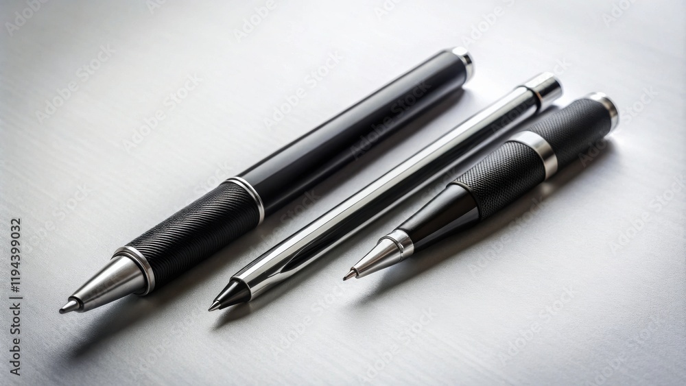 Three Sleek Pens Resting on a Smooth Surface, Ready for Writing or Signing Three Sleek Pens Resting on a Smooth Surface, Ready for Writing or Signing