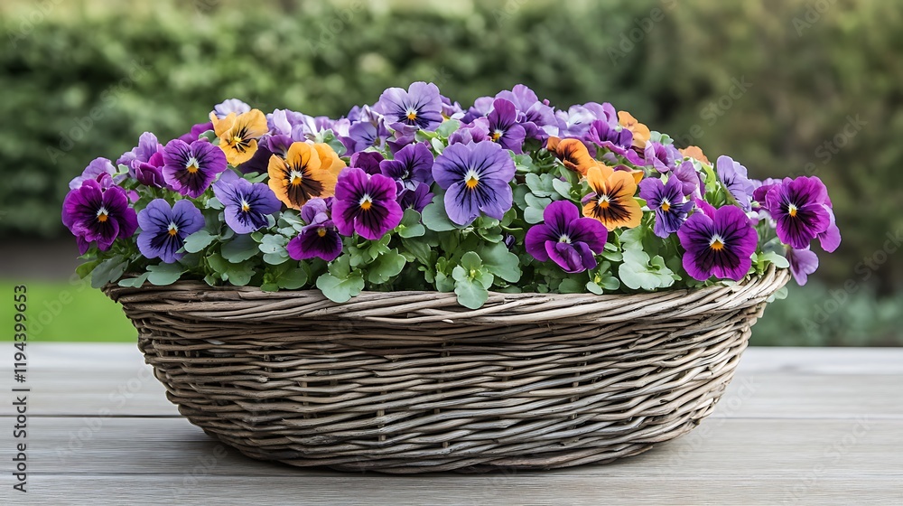 Vibrant Pansies in a Rustic Basket