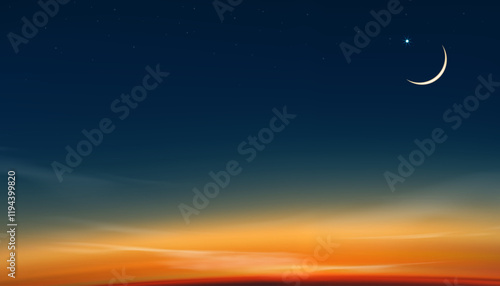 Sky Night,Ramadan Kareem Background with Crescent moon,Star with twilight dusk Sky,Vector Greeting festive for symbolic of Muslim culture ,Eid Mubarak,Eid al adha,Eid al fitr,Islamic new year,Muharram