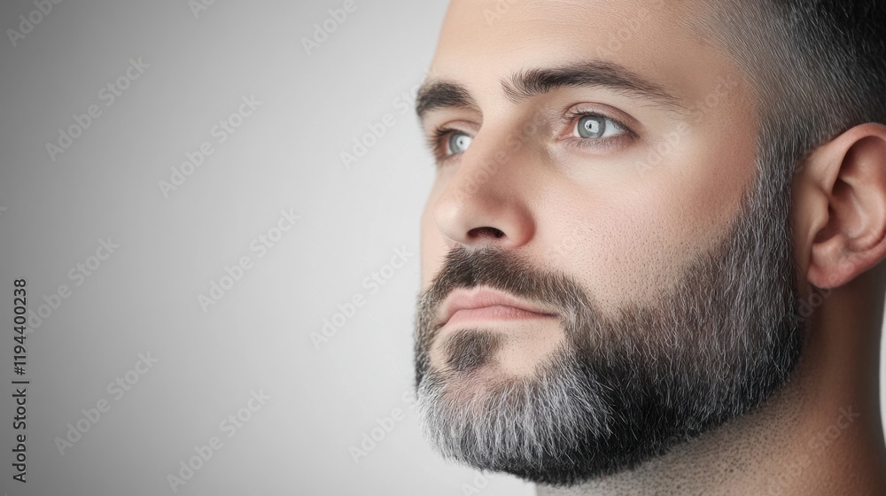 Fototapeta premium man with a pencil-thin beard outlining his jawline, casual attire, soft lighting