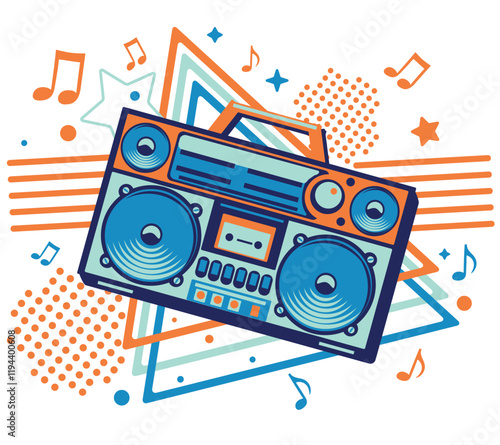 Music design - playing retro boom box tape recorder and musical notes

