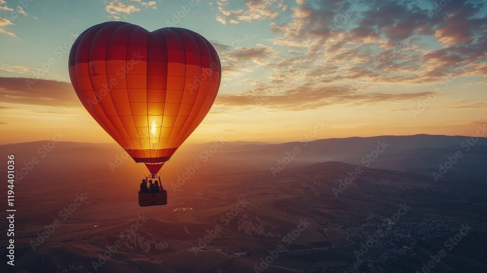 Obraz premium Romantic Hot Air Balloon Ride Over Scenic Landscape at Sunset with Couple Enjoying Breathtaking Views and Colorful Sky