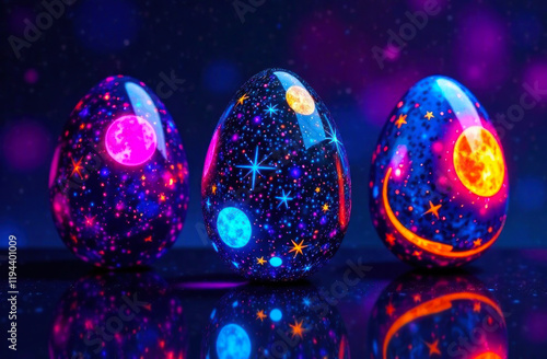 Three bright eggs feature cosmic patterns of stars and planets, creating a stunning visual display in the dark photo