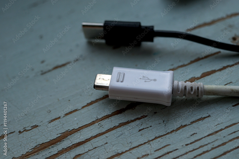 White and black usb cables on the wood