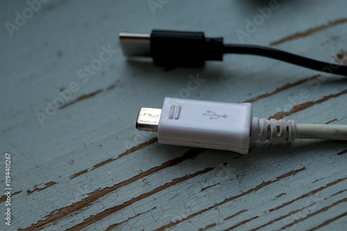 Obraz na płótnie White and black usb cables on the wood w salonie