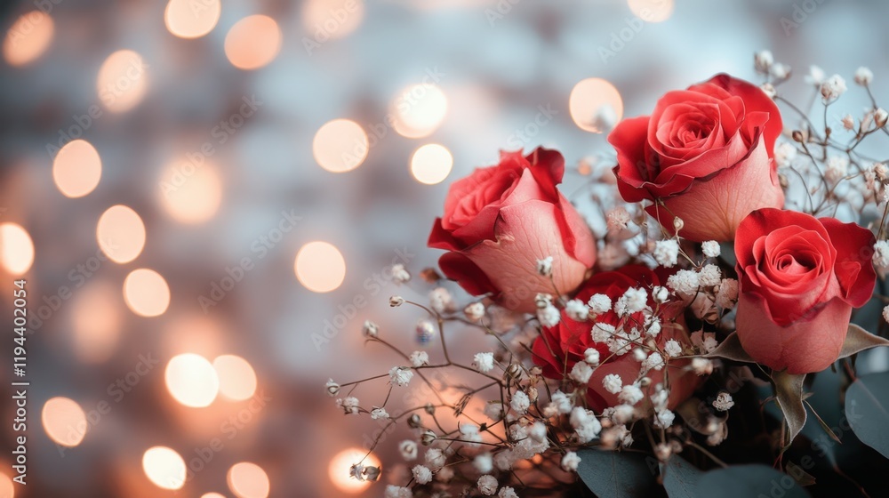 Close-up Shot of Beautifully Arranged Roses with Delicate Baby's Breath Against a Soft Bokeh Background in a Romantic and Elegant Setting Close-up Shot of Beautifully Arranged Roses with Delicate Baby's Breath Against a Soft Bokeh Background in a Romantic and Elegant Setting