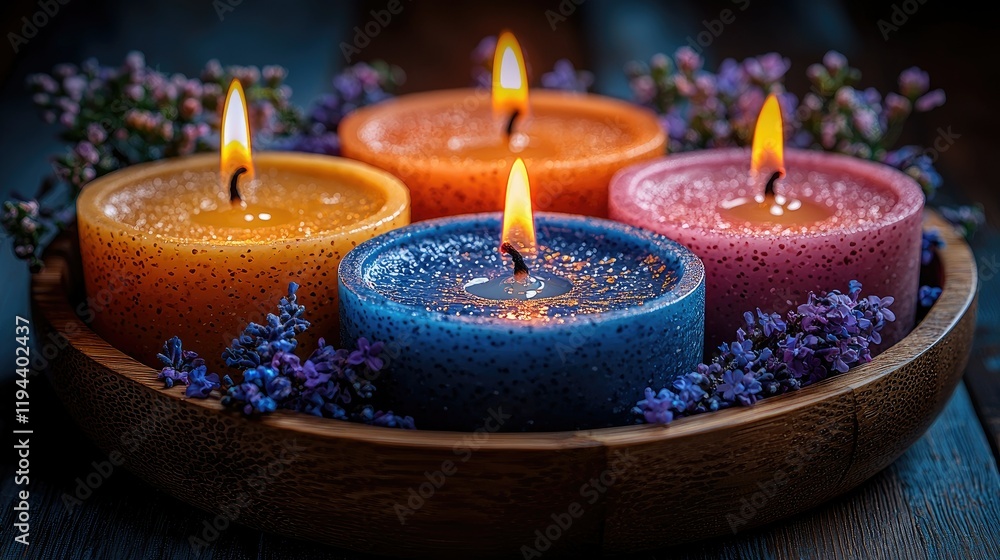Serene Candlelight: Four Aromatic Candles in a Wooden Bowl Serene Candlelight: Four Aromatic Candles in a Wooden Bowl
