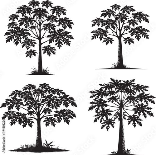Monochrome Vector Silhouettes of the Papaya Tree Isolated on a White Background"