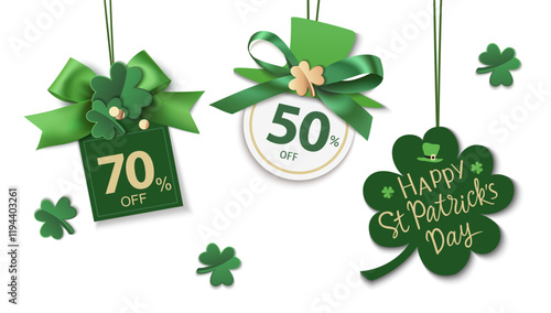 Set of St Patricks day price tag with green bow isolated on white background. Green shamrock and hat silhouette label for sale design. Vector stock illustration.