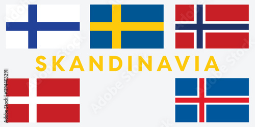 Simple flags of Scandinavia.Nordic countries. Correct size, proportion, colors