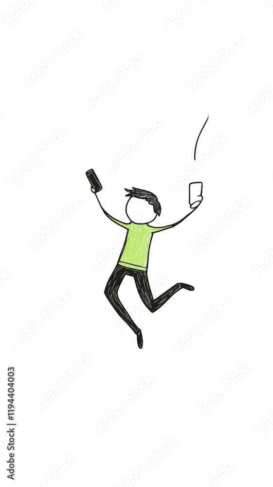 Stick figure in green sweater falling playfully Stick figure in green sweater falling playfully