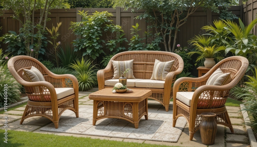 Handmade wicker furniture sets in outdoor garden spaces Handmade wicker furniture sets in outdoor garden spaces
