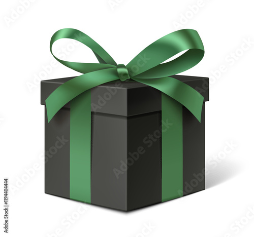 Decorative elegant black gift box with green bow isolated on white with shadow, for Christmas or St Patrick's Day sale design. Vector stock illustration. photo