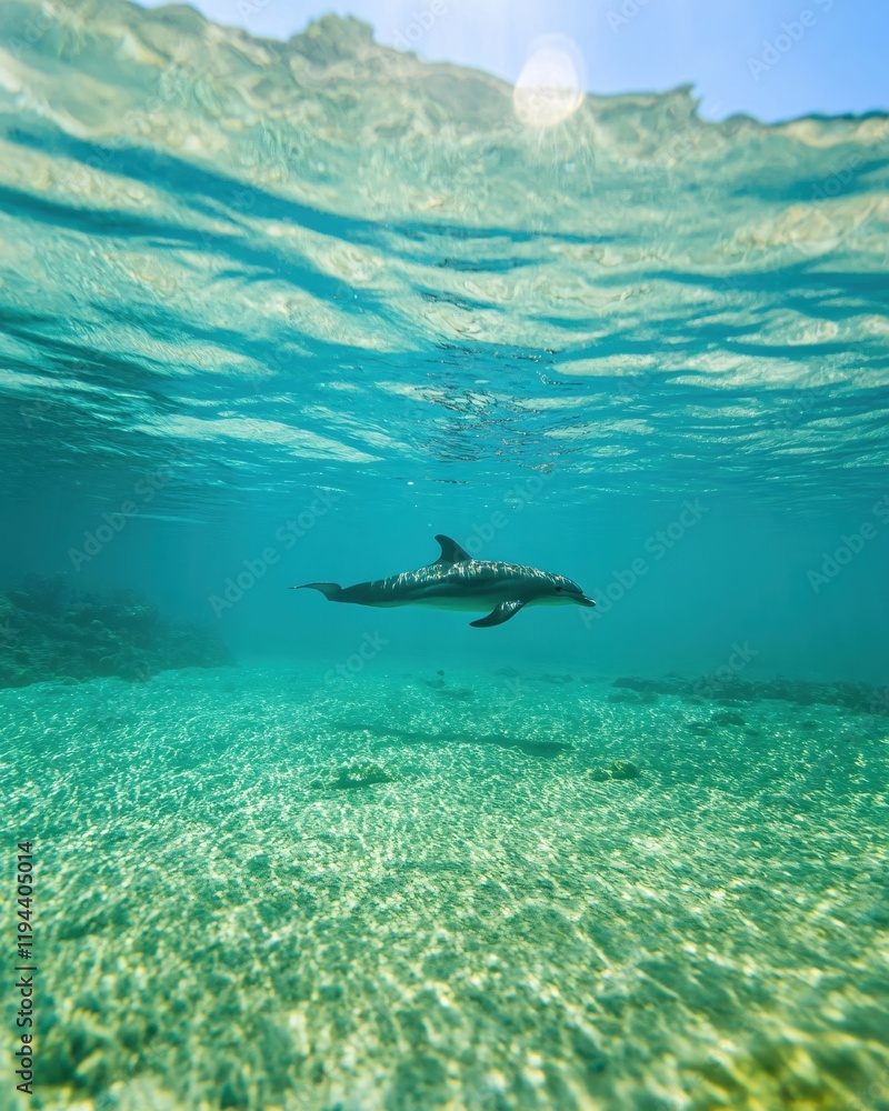 Fototapeta premium Graceful Dolphin Underwater Swim Ocean Sunlight Scene