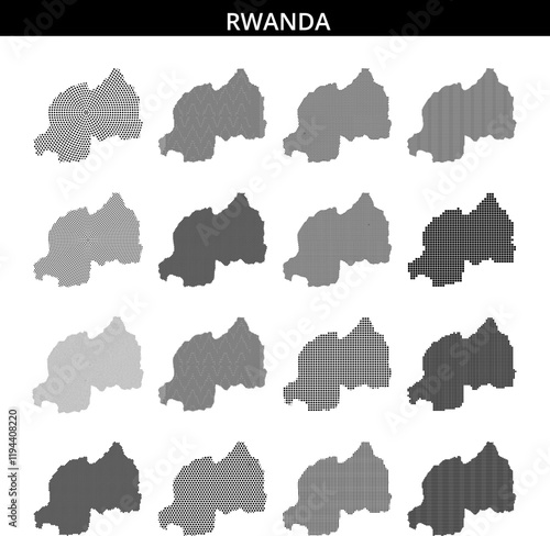 Map of Rwanda illustrated in dot style with geographical features highlighted