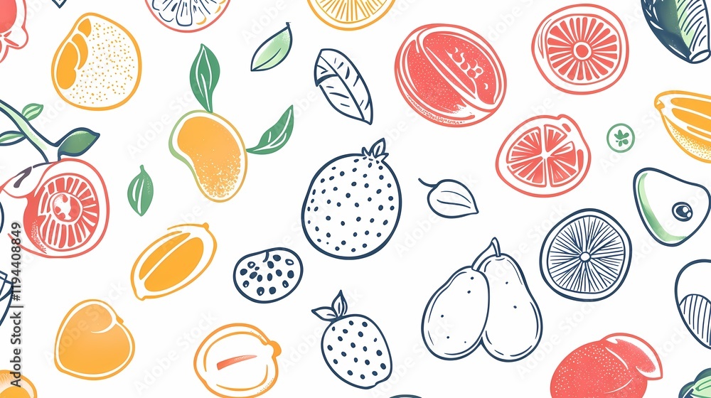 Colorful Hand-Drawn Fruits and Leaves Pattern on White Background for Vibrant Backdrops, Home Decor, and Fresh Culinary Designs Featuring Various Fruits and Illustrative Elements Colorful Hand-Drawn Fruits and Leaves Pattern on White Background for Vibrant Backdrops, Home Decor, and Fresh Culinary Designs Featuring Various Fruits and Illustrative Elements