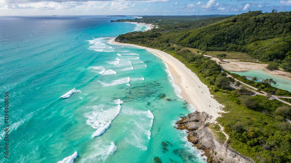 Aerial view, turquoise ocean waves, pristine sandy beach, coastline, white foam, tropical paradise, bird's eye perspective, crystal clear water, summer vacation, serene landscape Aerial view, turquoise ocean waves, pristine sandy beach, coastline, white foam, tropical paradise, bird's eye perspective, crystal clear water, summer vacation, serene landscape