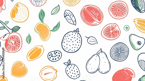 Colorful Hand-Drawn Fruits and Leaves Pattern on White Background for Vibrant Backdrops, Home Decor, and Fresh Culinary Designs Featuring Various Fruits and Illustrative Elements