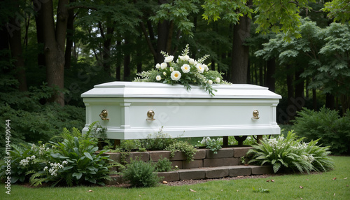 White coffin with flowers in a forest graveyard