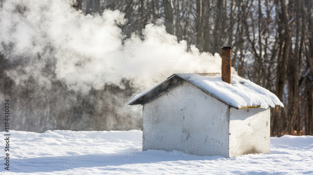 Cozy Smoke Rising from Roof of Small Cabin in Snowy Landscape Cozy Smoke Rising from Roof of Small Cabin in Snowy Landscape