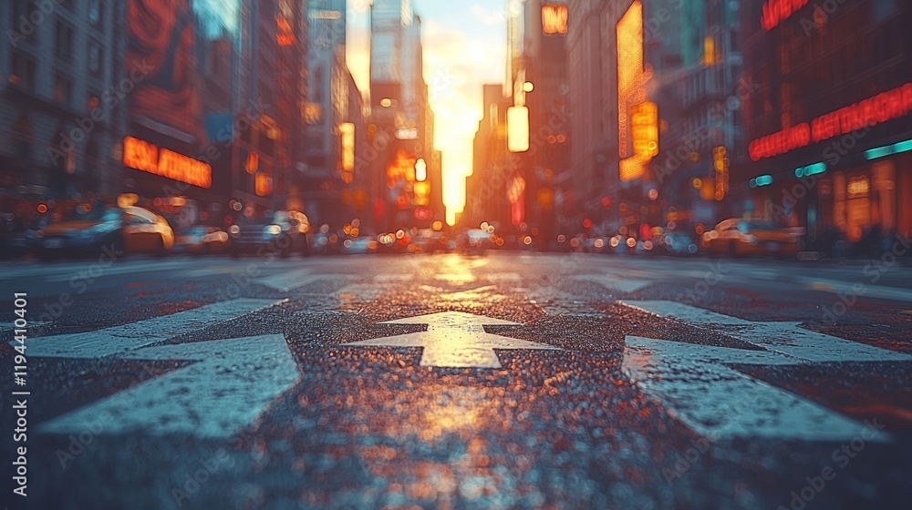 Fototapeta premium Sunset city street crossing, traffic, skyscrapers, urban background