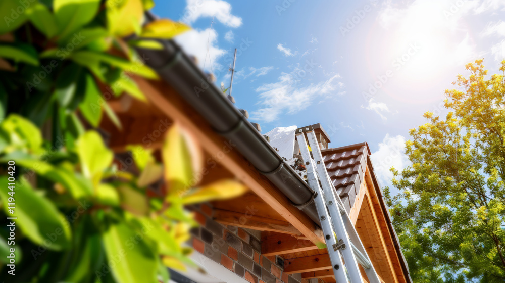 Fototapeta premium ladder leans against house under bright sky, surrounded by greenery
