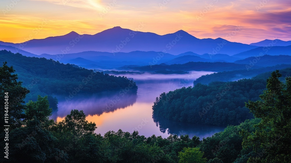 Serene Sunrise Over Mountain Lake with Mist and Colorful Sky Serene Sunrise Over Mountain Lake with Mist and Colorful Sky