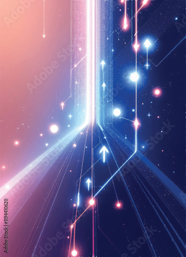 vector illustration of red and blue dynamic arrows and glowing lines with stars and sparkles arrange on dark background