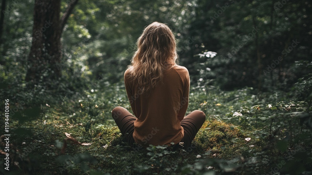 Fototapeta premium Woman meditating in a tranquil forest setting