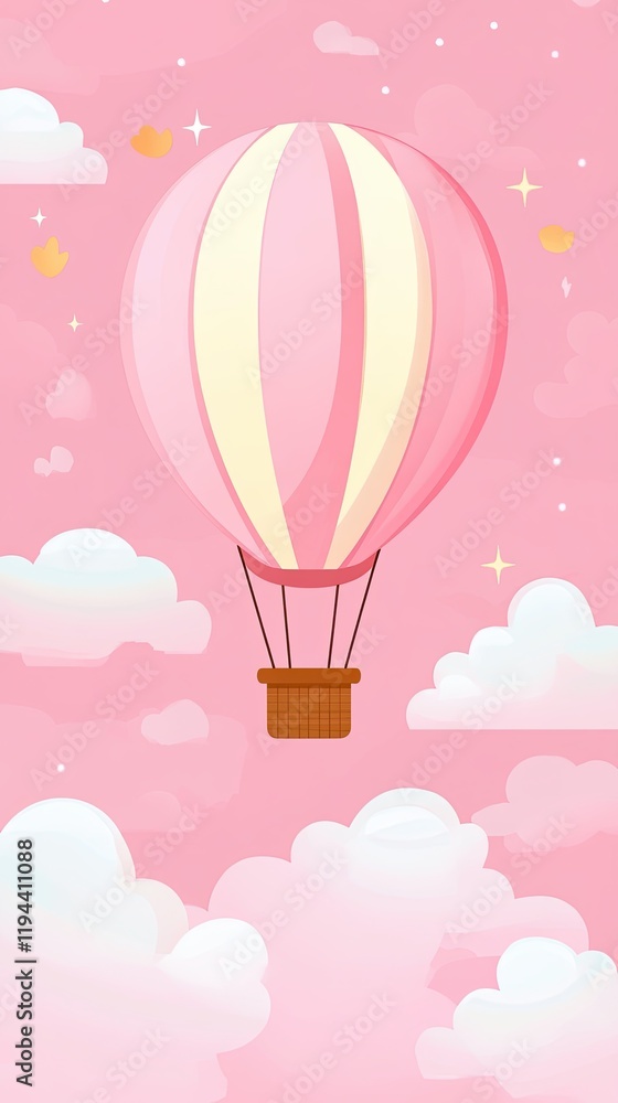 Fototapeta premium World meteorological day concept, Hot Air Balloon Over Fluffy Clouds in Soft Pink Sky with Cute Decorative Elements