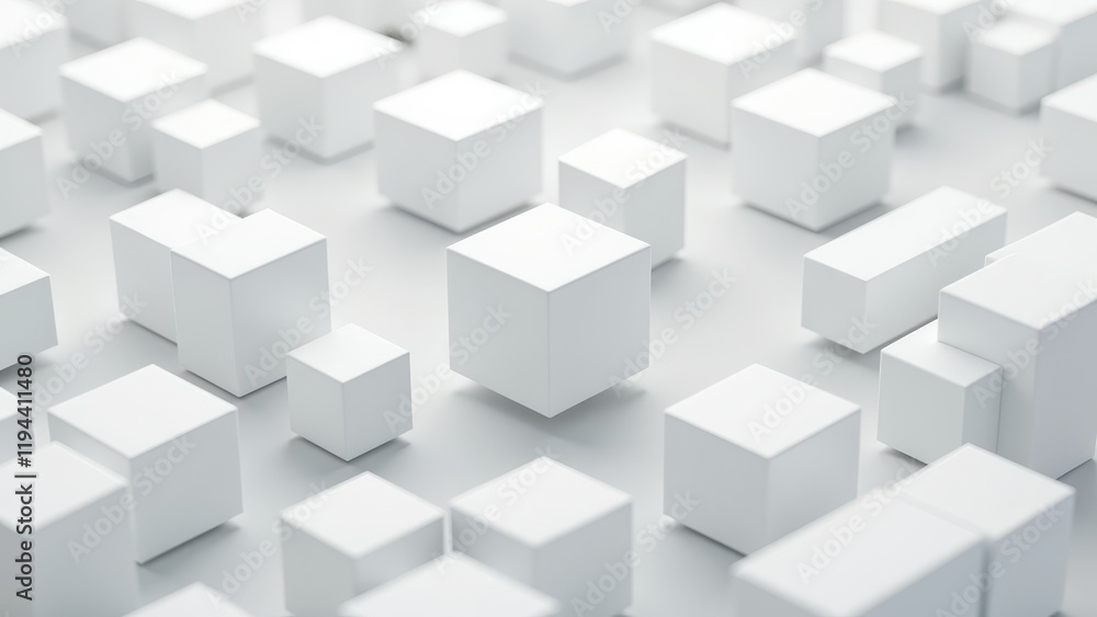 A mesmerizing cluster of uniquely-sized white 3D cubes rests on a sleek, gray surface, with one central cube drawing focus amidst this geometric ensemble A mesmerizing cluster of uniquely-sized white 3D cubes rests on a sleek, gray surface, with one central cube drawing focus amidst this geometric ensemble