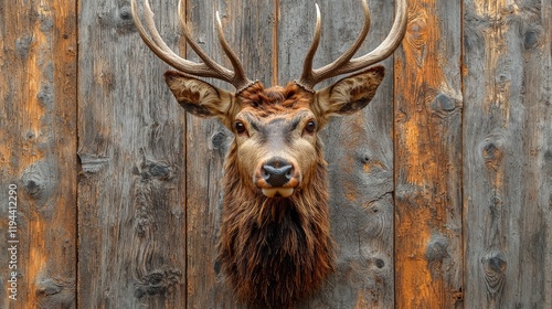 Taxidermied deer head on rustic wooden wall; hunting trophy photo