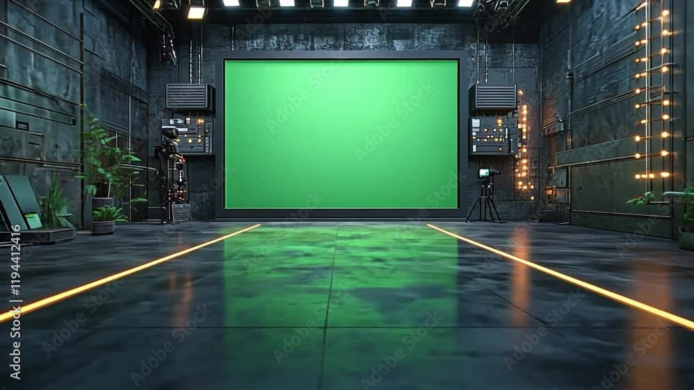 Futuristic Green Screen Studio: A sleek, industrial-style studio featuring a large green screen, perfect for filmmakers and content creators. The space is filled with high-tech equipment. Futuristic Green Screen Studio: A sleek, industrial-style studio featuring a large green screen, perfect for filmmakers and content creators. The space is filled with high-tech equipment.