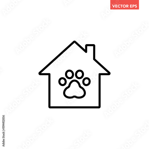 Black single pet house line icon, simple animal care centre at home flat design interface infographic element for app logo ui web button, vector isolated on white background